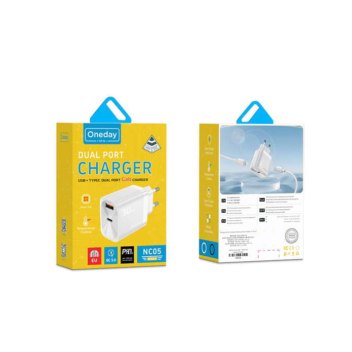 Customizable Oneday NC05 EU/US/UK 30W USB + T-ypec GaN Dual Port Charger Super Adapter Fast Charging Wall Cell Phone Charger