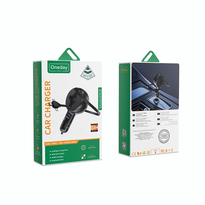 Oneday Customized ER08 USB / TYPEC + IPH + MICRO cable  3 IN 1 car charger