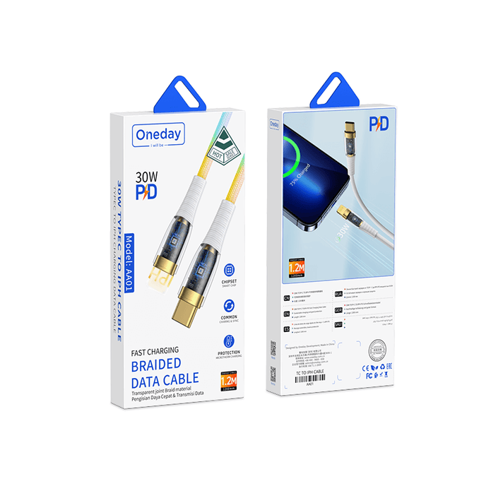 Oneday AA01 65W Type-c to Type-c and 30W Type-c to IPH 120cm  Fast Charging Data Cable