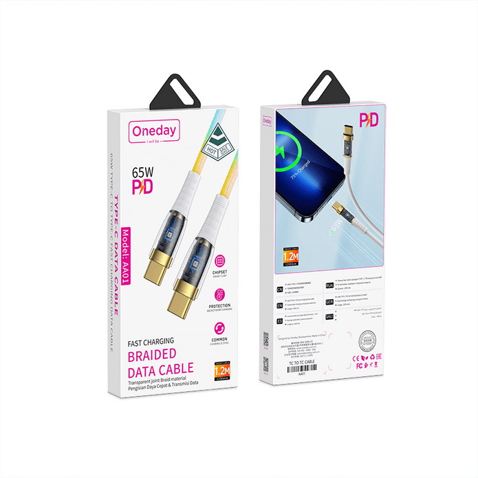 Oneday AA01 65W Type-c to Type-c and 30W Type-c to IPH 120cm  Fast Charging Data Cable
