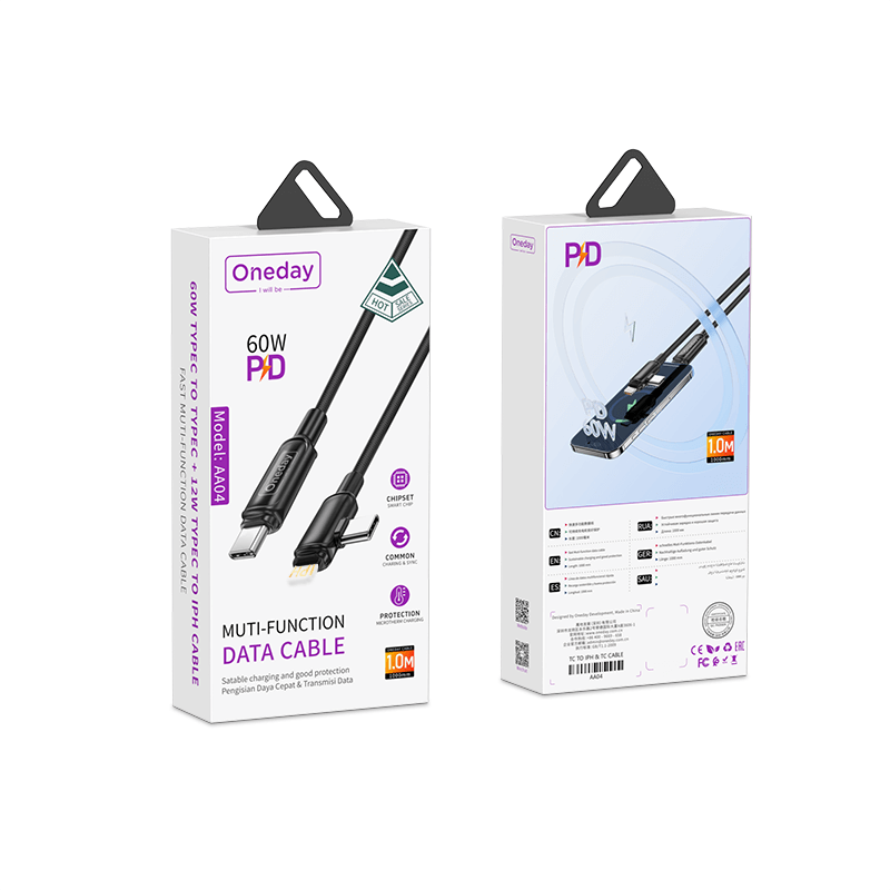 Oneday Hot sale AA04 Type-c to Type-c 60w  + Type-c to IPH 12W 100cm Fast Muti-function Cable