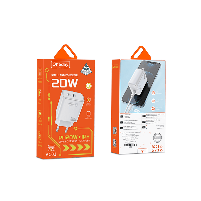 Customizable Oneday AC01 EU/US/UK  20W T-ypec +  IPH  Dual Port Charger Super Adapter Fast Charging Wall Cell Phone Charger