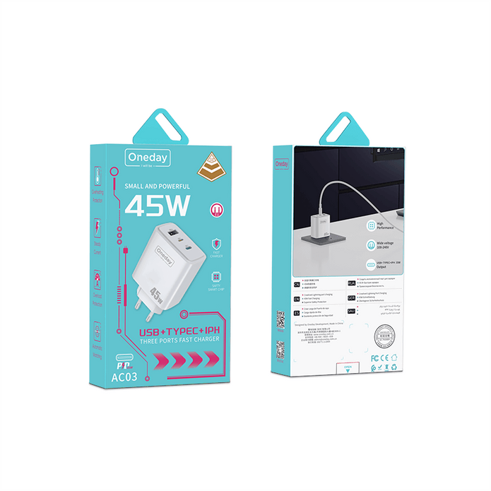 Customizable Oneday AC03 EU/US/UK  45W USB + T-ypec +  IPH  Three Port Charger Super Adapter Fast Charging Wall Cell Phone Charger
