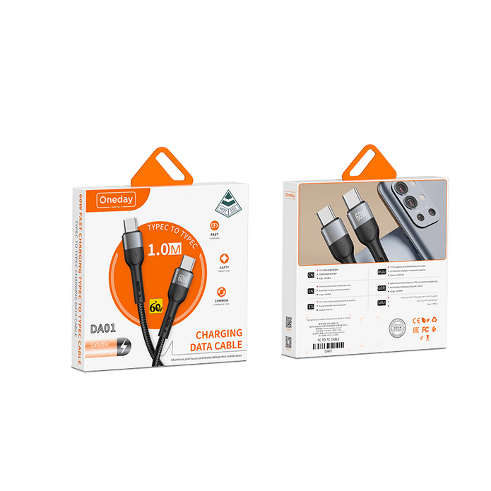 DA01 USB to T-ypec /USB to IPH 60W T-ypec to T-ypec /30W T-ypec to IPH 100cm alluminum & braid charging data cable