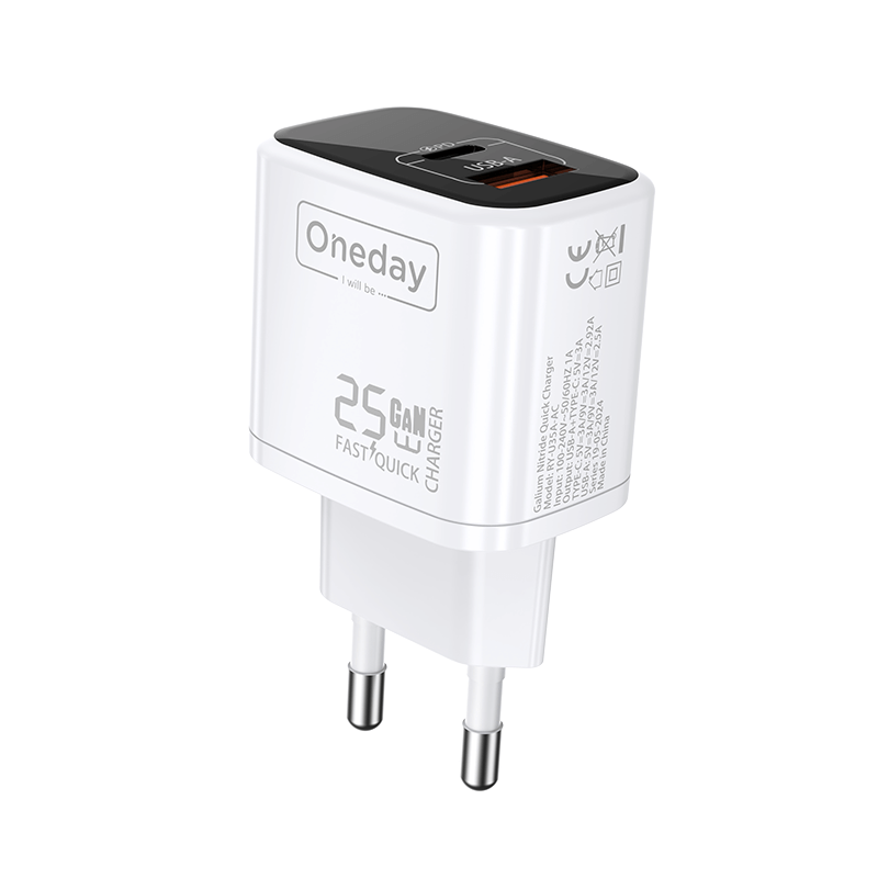 Customizable Oneday EC01 EU/US 25W USB + T-ypec Dual Port GaN Charger Wall Cell Phone Charger with cable