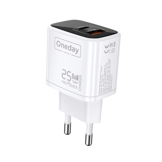 Customizable Oneday EC01 EU/US 25W USB + T-ypec Dual Port GaN Charger Wall Cell Phone Charger with cable