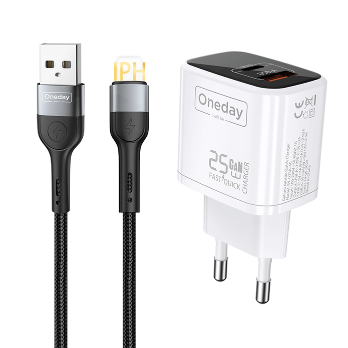 Customizable Oneday EC01 EU/US 25W USB + T-ypec Dual Port GaN Charger Wall Cell Phone Charger with cable