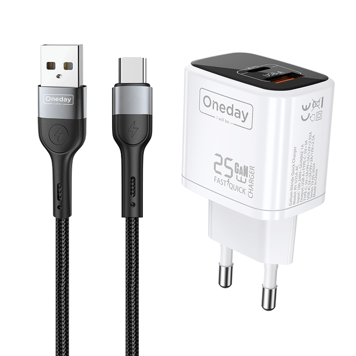 Customizable Oneday EC01 EU/US 25W USB + T-ypec Dual Port GaN Charger Wall Cell Phone Charger with cable