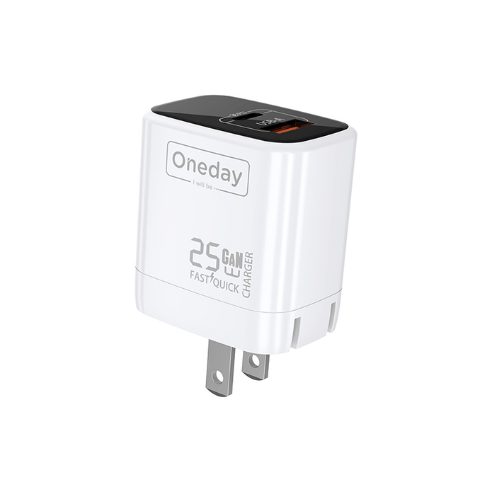 Customizable Oneday EC01 EU/US 25W USB + T-ypec Dual Port GaN Charger Wall Cell Phone Charger with cable