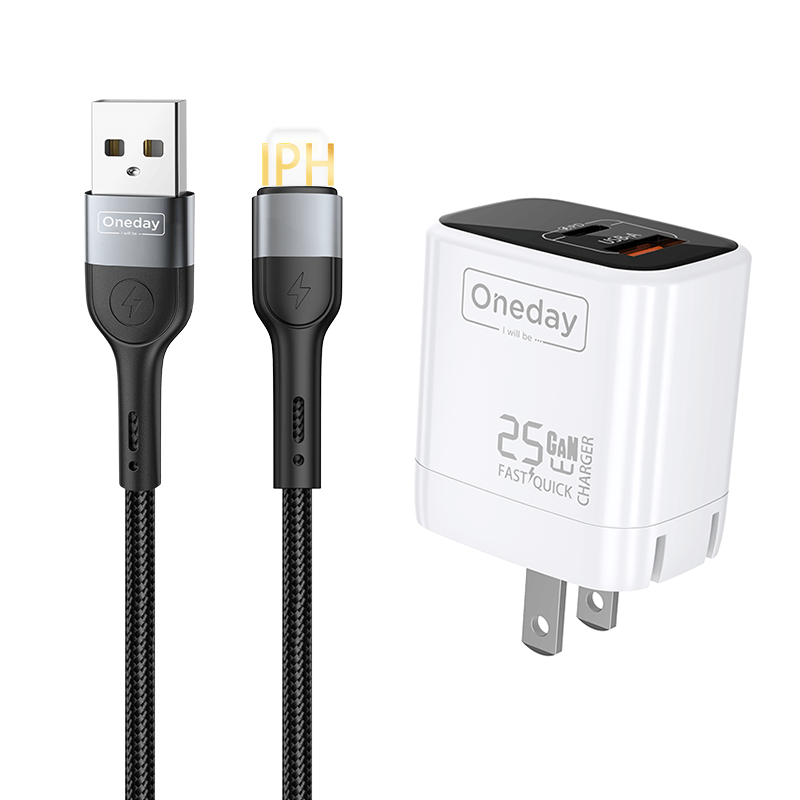 Customizable Oneday EC01 EU/US 25W USB + T-ypec Dual Port GaN Charger Wall Cell Phone Charger with cable