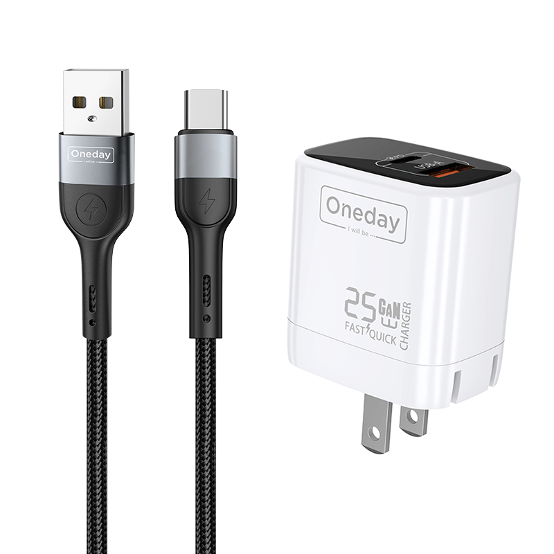 Customizable Oneday EC01 EU/US 25W USB + T-ypec Dual Port GaN Charger Wall Cell Phone Charger with cable