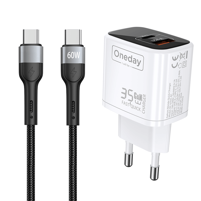 Custom Oneday EC03 45W Dual Port USB + T-ypec GaN Charger with EU Plug Fast Charging Adapters & Chargers