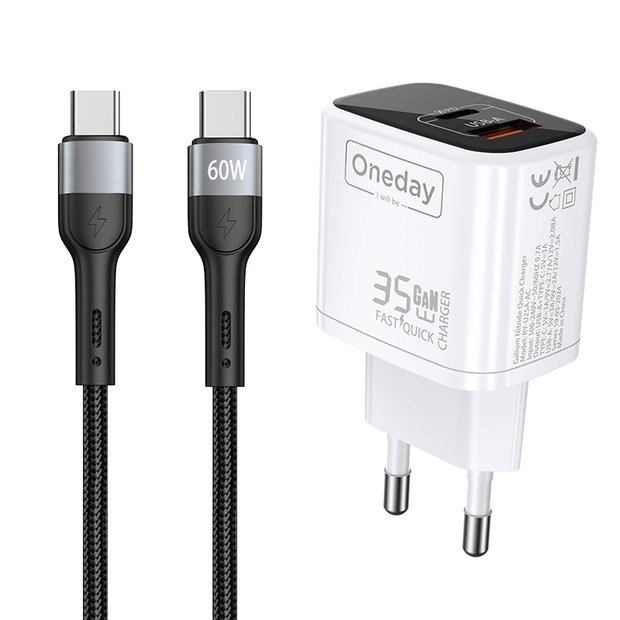 Custom Oneday EC03 45W Dual Port USB + T-ypec GaN Charger with EU Plug Fast Charging Adapters & Chargers