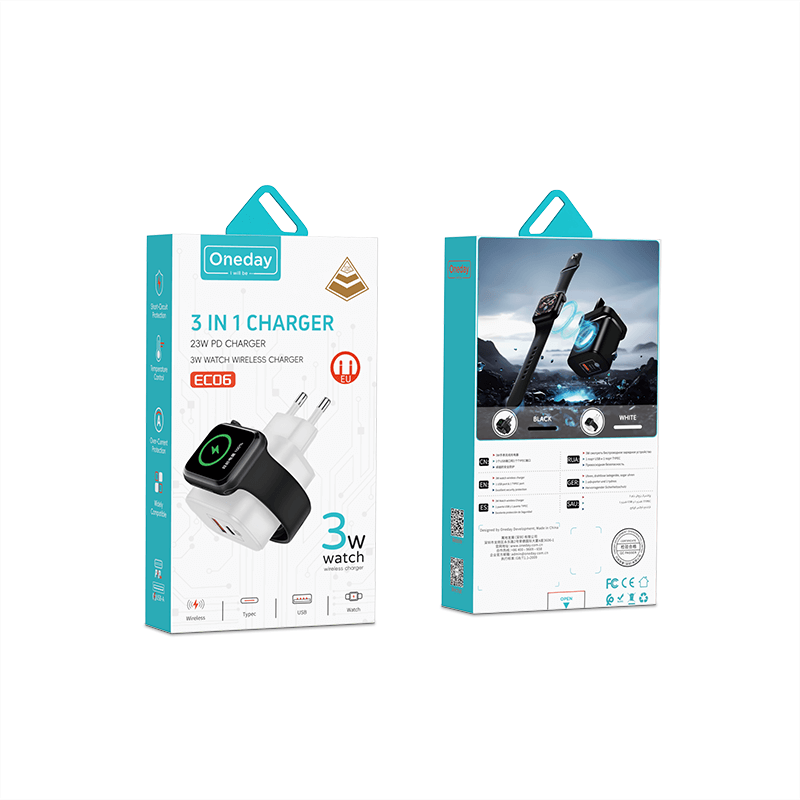 Customizable Oneday EC06 EU/US/UK 23W PD Charger & 3W Watch 2 in 1 Wireless Charger Fast Charging Wall Cell Phone Charger