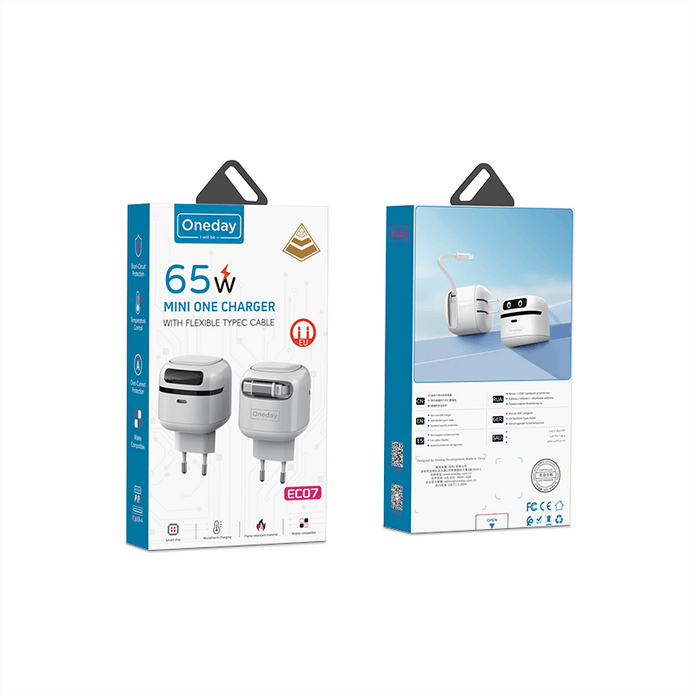 Customizable Oneday EC07 EU/US/UK Mini One 65W Super Adapter Fast Charging Wall Cell Phone Charger with Flexible T-ypec Cable