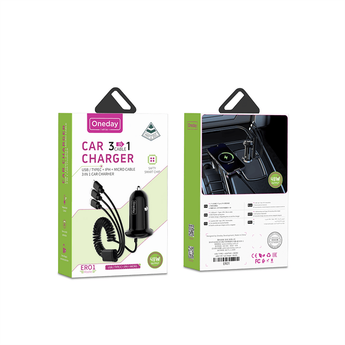 Oneday Customized ER01  USB  / TYPEC + IPH + MICRO cable 3 IN 1 car charger