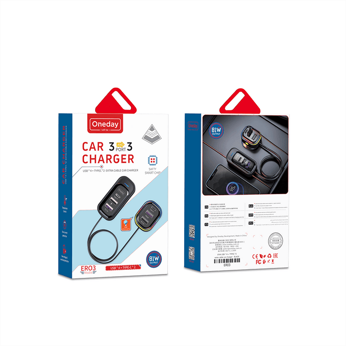 Oneday Customized ER03 81W USB * 4 + Type-c *2 extra cable car charger