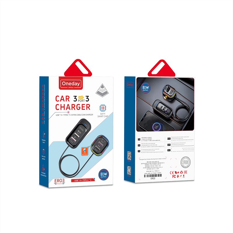 Oneday Customized ER03 81W USB * 4 + Type-c *2 extra cable car charger