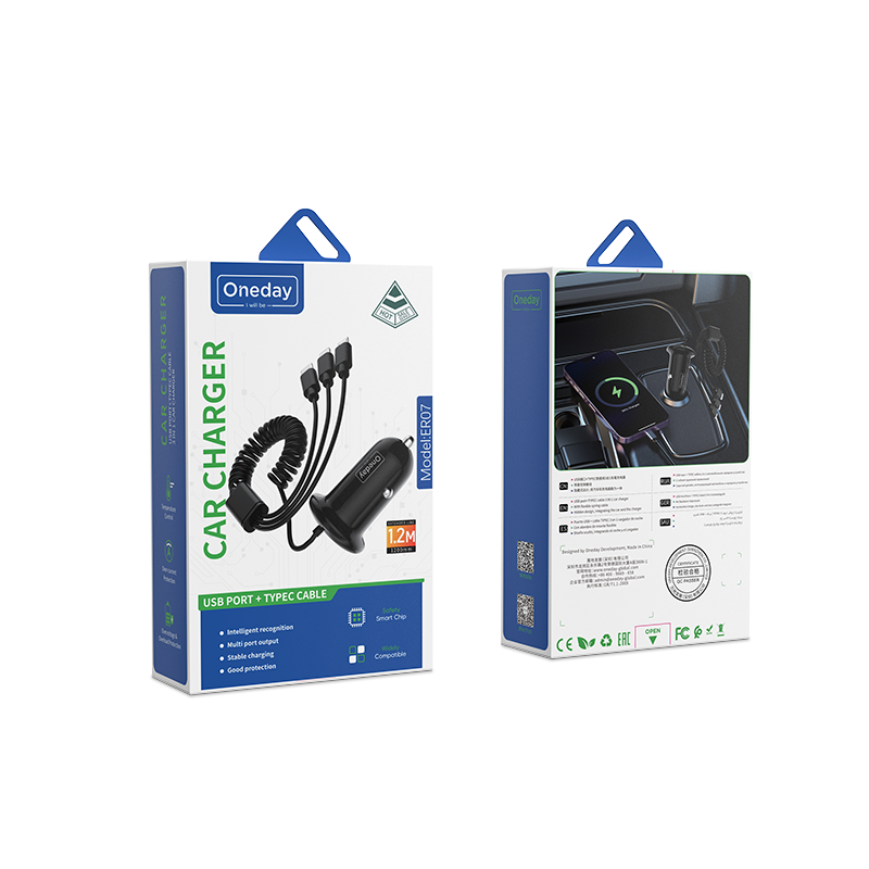 Oneday Customized ER07 USB port+TYPEC cable  3 IN 1 car charger