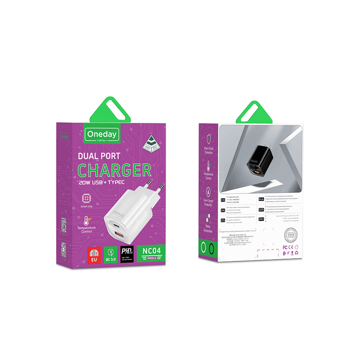 Custom Oneday NC04 20W USB + T-ypec Dual Port Charger Fast Phone Charger Portable Cell Phone Wall Charger EUPLUG