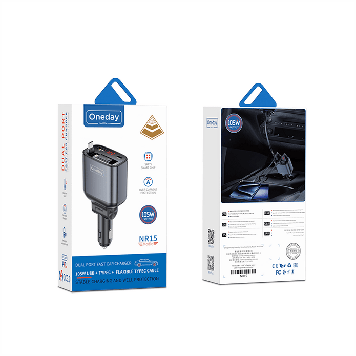 Oneday Customized NR15 105W USB + TYPEC +  Flexible typec cable  two port fast car charger