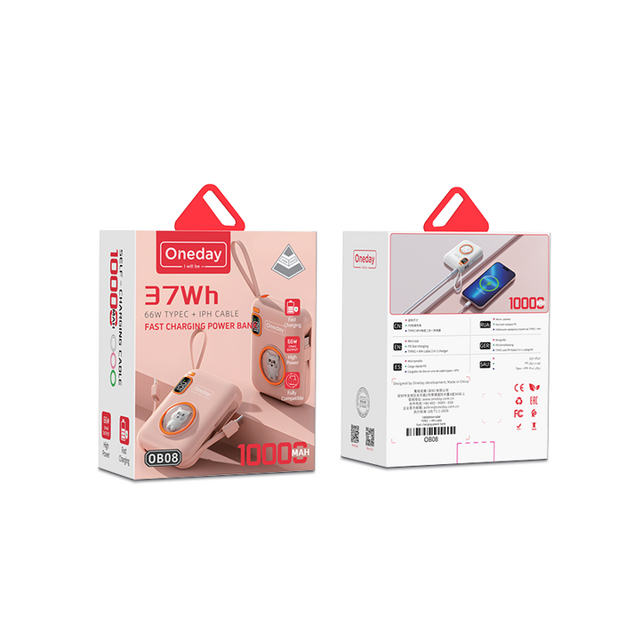 Oneday Customized OB08 10000MAH 66W  TYPEC + IPH cable  Fast charging power bank