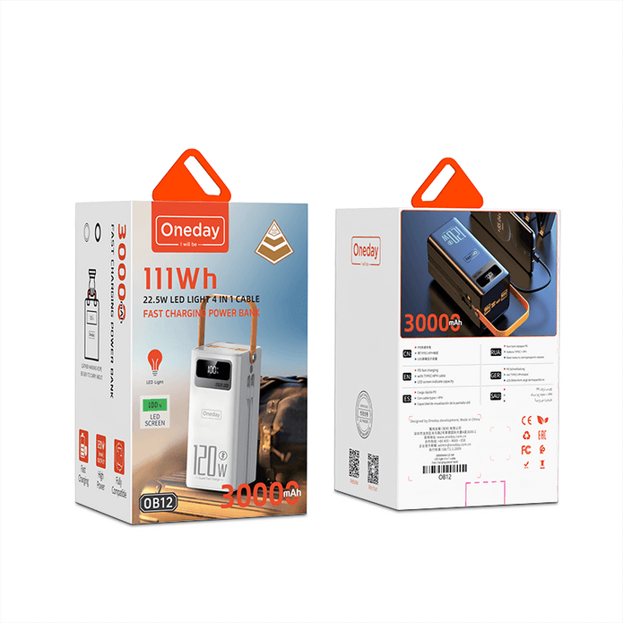 OB12 30000MAH 22.5W LED light 4 in 1 cable  Fast charging power bank