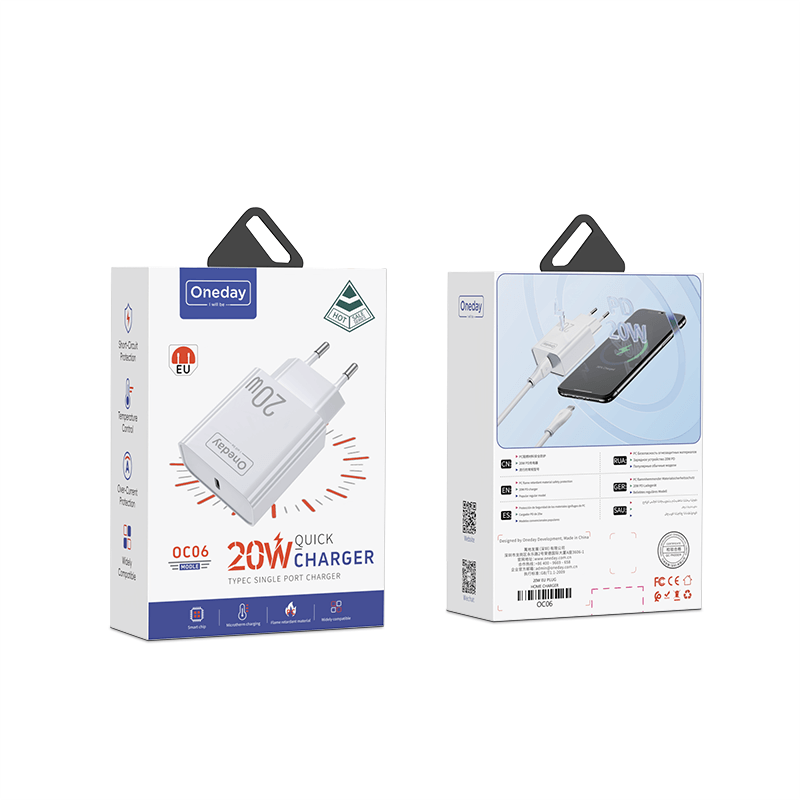 Customizable Oneday OC06 EU/US/UK 20W T-ypec Single  Port Charger Super Adapter Fast Charging Wall Cell Phone Charger