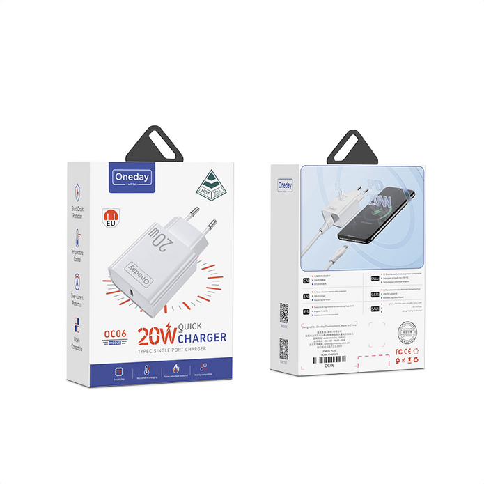 Customizable Oneday OC06 EU/US/UK 20W T-ypec Single  Port Charger Super Adapter Fast Charging Wall Cell Phone Charger