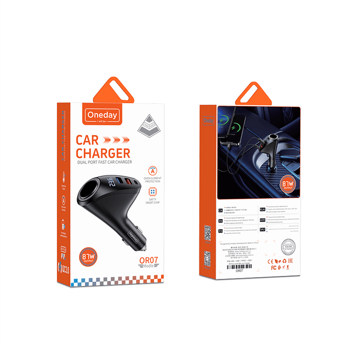 Oneday Customized OR07 87W USB + USB + TYPEC + SMOKE four port fast car charger